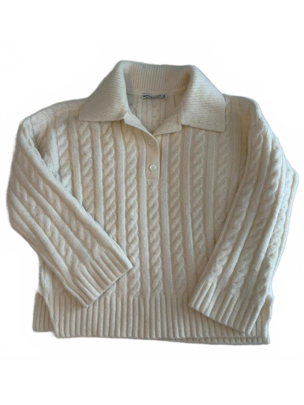 EUC Abercrombie & Fitch Notch Neck Cable Collared Sweater Cream Ivory Size M